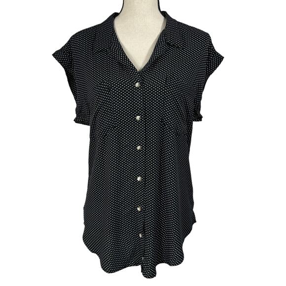 Jachs Girlfriend NY Medium Top Button-Up Cap Sleeve Bird Print Pocket Black New - Picture 1 of 8